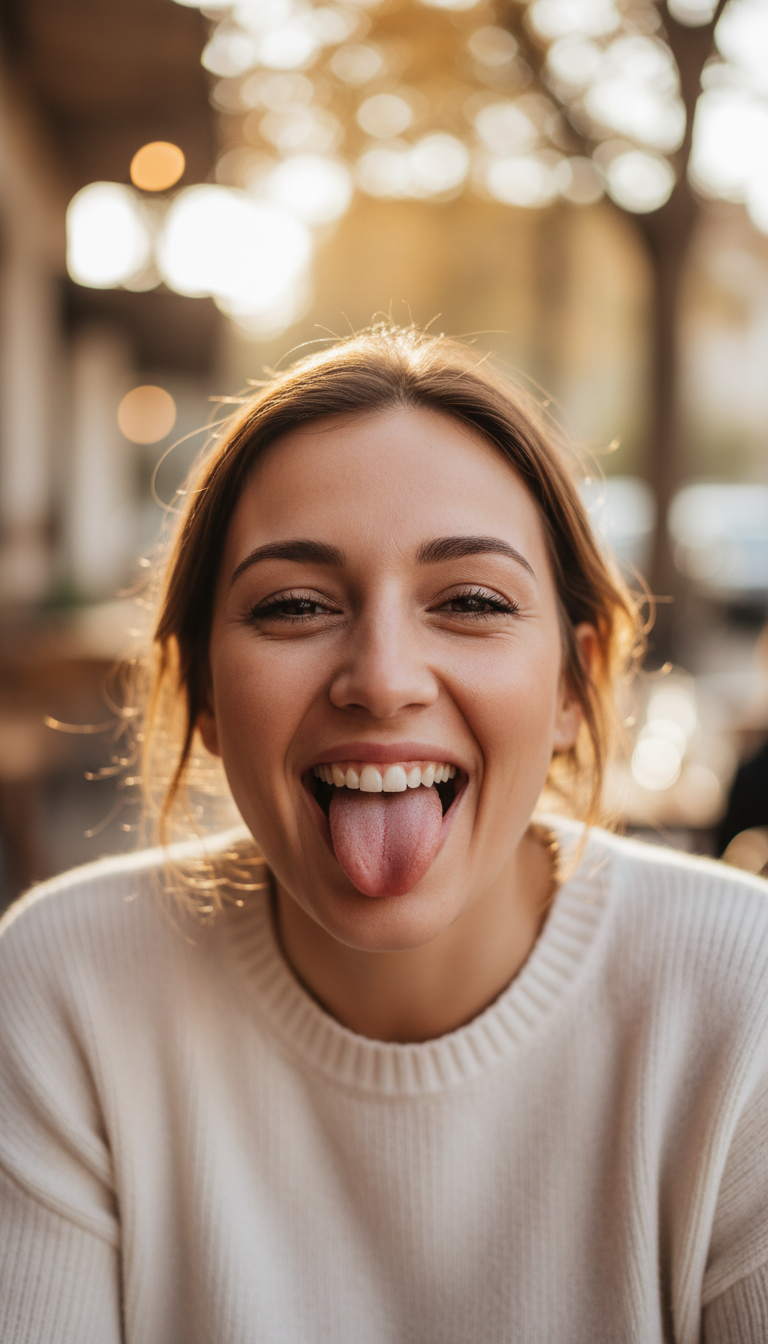 A woman smiling with her tongue slightly sticking out to the front (not the side), no food on the tongue, photo-realistic.