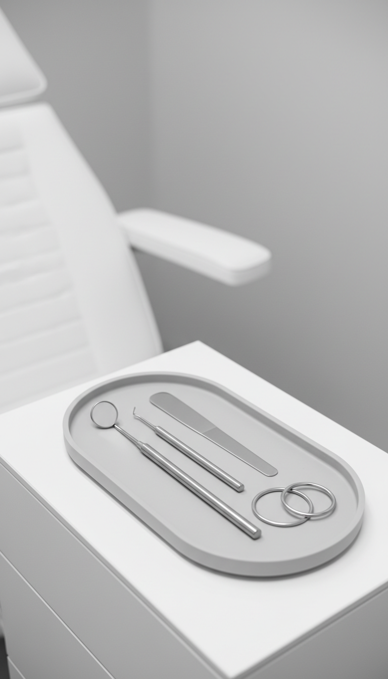 A close-up, high-resolution view of an elegant set of myofunctional therapy tools—such as a polished stainless steel mirror, tongue depressor, and slender exercise rings—arranged in perfect alignment on a smooth, light-grey tray. The tray is placed on a white, minimalist therapy station with a soft gray wall as the backdrop. Overhead studio lighting bathes the tools in a gentle, even glow, producing clean lines and subtle reflections along metallic surfaces. The mood is structured and serene; the rule of thirds guides composition, and selective focus isolates the tools against a softly blurred background. The photographic realism and corporate aesthetic suggest professional care and purposeful treatment.
