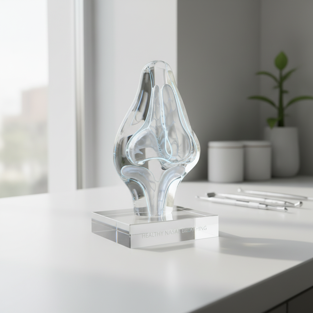 A sleek, transparent glass nasal airflow demonstration model, showcasing the architecture of nasal passages, soft palate, and airway. The model rests on a clear acrylic plinth atop a crisp white counter, with softly blurred dental tools and decor in the background. Gentle, cool-toned ambient light streams from a nearby window, highlighting intricate contours and airways with illuminating edges and soft, natural shadows. The scene radiates a clinical, professional quality; the composition is centered with minimalist lines and sharp focus, visually reinforcing the importance of healthy nasal breathing in orofacial myofunctional therapy. The photographic style, neutral color palette, and balanced structure create a sense of clarity and wellness.
